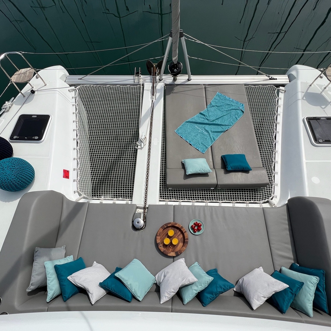 Sunbathing area on the front of our catamaran.